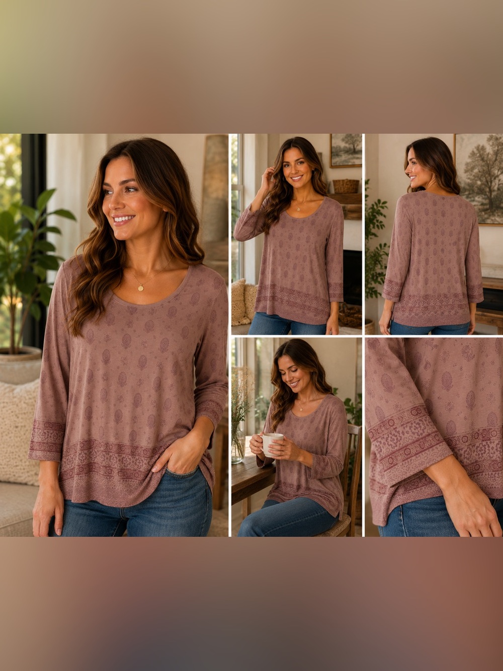 B.L.E.U. Mauve Paisley Scoop Neck Long Sleeve Top with Border Print - Picture 2 of 6